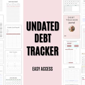 Puede incluir: Una colecci&oacute;n de p&aacute;ginas imprimibles de planificaci&oacute;n financiera, que incluyen rastreadores de deuda, rastreadores de tarjetas de cr&eacute;dito y calendarios de pago. El texto central dice "UNDATED DEBT TRACKER EASY ACCESS". La portada del diario es rosa claro.
