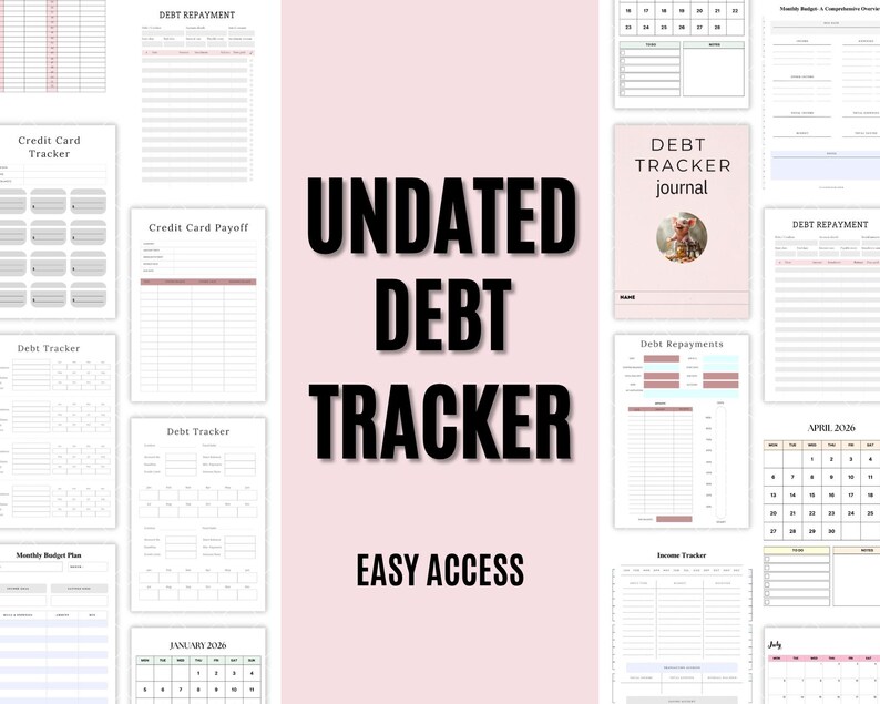 Puede incluir: Una colecci&oacute;n de p&aacute;ginas imprimibles de planificaci&oacute;n financiera, que incluyen rastreadores de deuda, rastreadores de tarjetas de cr&eacute;dito y calendarios de pago. El texto central dice "UNDATED DEBT TRACKER EASY ACCESS". La portada del diario es rosa claro.