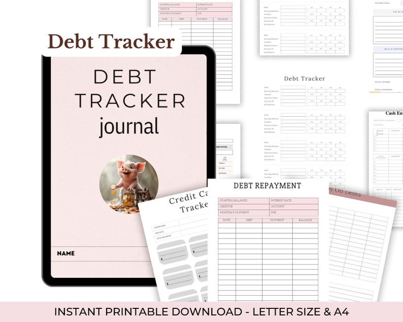 Puede incluir: Colecci&oacute;n de p&aacute;ginas imprimibles de seguimiento de deudas y diarios de planificaci&oacute;n financiera. La portada principal del diario es de color rosa claro con las palabras "Debt Tracker journal" y una ilustraci&oacute;n de cerdo. P&aacute;ginas adicionales incluyen formularios de pago de deudas y seguimiento de tarjetas de cr&eacute;dito.