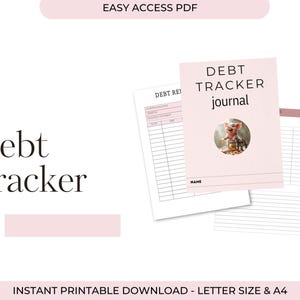 Puede incluir: Un diario de seguimiento de deudas de color rosa claro con las palabras "DEBT TRACKER journal" en la portada. La portada presenta una imagen de un cerdo. Las palabras "Debt Tracker" tambi&eacute;n se muestran en el lado izquierdo de la imagen. El texto "INSTANT PRINTABLE DOWNLOAD - LETTER SIZE & A4" est&aacute; en la parte inferior.