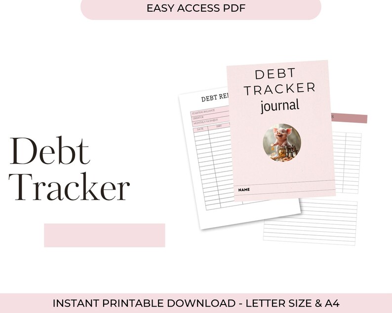 Puede incluir: Un diario de seguimiento de deudas de color rosa claro con las palabras "DEBT TRACKER journal" en la portada. La portada presenta una imagen de un cerdo. Las palabras "Debt Tracker" tambi&eacute;n se muestran en el lado izquierdo de la imagen. El texto "INSTANT PRINTABLE DOWNLOAD - LETTER SIZE & A4" est&aacute; en la parte inferior.