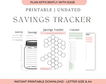 Puede incluir: Seguimiento de ahorro imprimible con un gráfico de tarro, un gráfico de panal y otras plantillas. Incluye el texto "Planifica eficientemente con facilidad" y "Seguimiento de ahorro". Disponible en tamaño carta y A4.