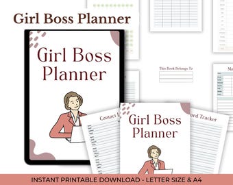 May include: A digital planner with the text "Girl Boss Planner" on the cover, featuring an illustration of a woman in a blazer. Additional pages include contact lists and trackers. The phrase "INSTANT PRINTABLE DOWNLOAD - LETTER SIZE & A4" is also visible.