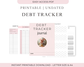 May include: A printable debt tracker journal with a pink cover and a pig illustration. The journal includes pages for tracking debt, with sections for starting balance, creditor, monthly payment, and date. The text "DEBT TRACKER" is prominently displayed.
