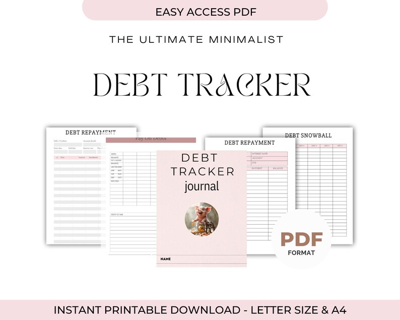 Puede incluir: Una descarga digital que presenta un diario de seguimiento de deudas y documentos de planificaci&oacute;n financiera relacionados. La portada del diario es de color rosa claro con una ilustraci&oacute;n de cerdo. Los documentos incluyen secciones para el pago de deudas y el seguimiento de la bola de nieve de la deuda.