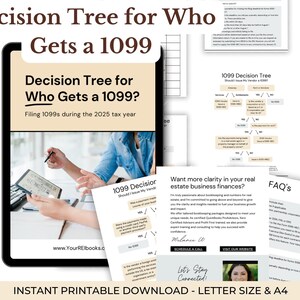 以下が含まれることがあります： デジタルタブレットには、「Decision Tree for Who Gets a 1099?」のグラフィックが表示され、「Filing 1099s during the 2025 tax year」というテキストが書かれています。「1099 Decision Tree」や「FAQ's」などの他のドキュメントとテキストも表示されています。画像の下部には「INSTANT PRINTABLE DOWNLOAD - LETTER SIZE & A4」と書かれています。