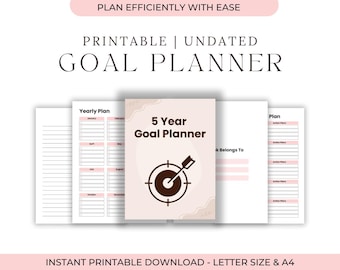 Planificador de objetivos a 5 años imprimible / PDF minimalista para establecer objetivos a largo plazo / Planificador de visión e hitos / Plantilla de productividad con estética neutra
