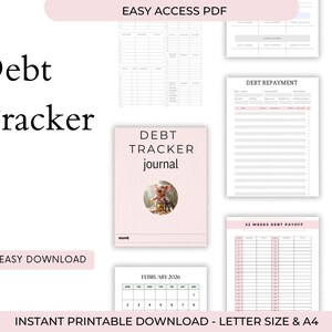 Puede incluir: Plantillas imprimibles de seguimiento de deudas, incluyendo un diario rosa con una ilustraci&oacute;n de cerdo. La imagen muestra varios dise&ntilde;os para el pago de deudas y un plan de pago a 52 semanas. Texto: "Debt Tracker Journal" y "Easy Download".