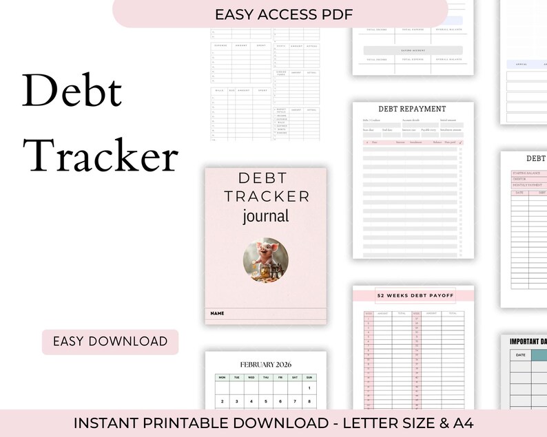 Puede incluir: Plantillas imprimibles de seguimiento de deudas, incluyendo un diario rosa con una ilustraci&oacute;n de cerdo. La imagen muestra varios dise&ntilde;os para el pago de deudas y un plan de pago a 52 semanas. Texto: "Debt Tracker Journal" y "Easy Download".