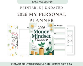 May include: A digital planner with the text "2026 MY PERSONAL PLANNER" and "Money Mindset Planner". The design includes floral elements, gold coins, and a plant growing from a stack of coins. The planner is available in Letter size and A4.