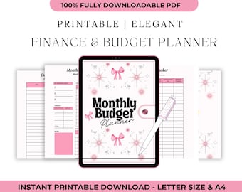 May include: A digital finance and budget planner with a pink and white design. The planner includes a tablet with the words "Monthly Budget Planner" and several pages with financial planning templates. A pen rests on the tablet. The text "100% Fully Downloadable PDF" is at the top.