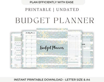 May include: A collection of printable budget planner pages. The pages have a light blue and gold glitter design with the words "Budget Planner" in the center. The text "PLAN EFFICIENTLY WITH EASE" and "PRINTABLE | UNDATED" are at the top.