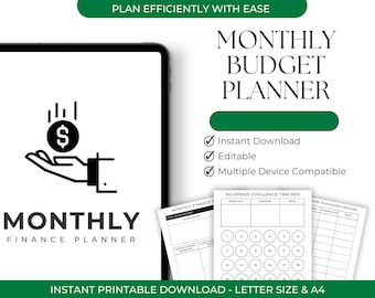 May include: A digital monthly budget planner with the text "Monthly Budget Planner" and "Monthly Finance Planner". The image includes a tablet, printable pages, and the text "Instant Download", "Editable", and "Multiple Device Compatible".