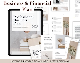 May include: A digital tablet displays a "Professional Business Plan" document for 2025. The image includes an hourglass, stacked books, and additional business plan pages. The text "Business & Financial Plan" is at the top. The bottom text reads "INSTANT PRINTABLE DOWNLOAD - LETTER SIZE & A4".