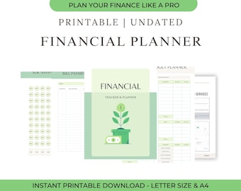 May include: A printable, undated financial planner with a green and white design. The planner includes sections for savings, bill payments, and budgeting. The cover features a plant growing from a pot with a dollar sign, and the text "FINANCIAL TRACKER & PLANNER".
