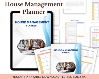May include: A digital house management planner with the title "House Management Planner" on the cover. The image includes a tablet, printed pages, and the text "Instant Printable Download - Letter Size & A4". The planner includes sections for dinner menus and family favorites.