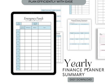 May include: A digital tablet displays a financial planner with sections for emergency funds and annual summaries. The planner includes tables with rows for monthly tracking and a section for notes. The text "Yearly Finance Planner Summary" is visible.