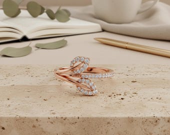 Anillo de diamantes de doble hoja – Anillo envolvente, delicado anillo de promesa para ella