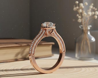 1.43 CT Lab Grown Diamond Halo with Art Deco Baguette Band Gold Engagement Ring.