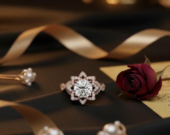 Lotus halo Lab Grown Diamond floral pavé vintage engagement ring