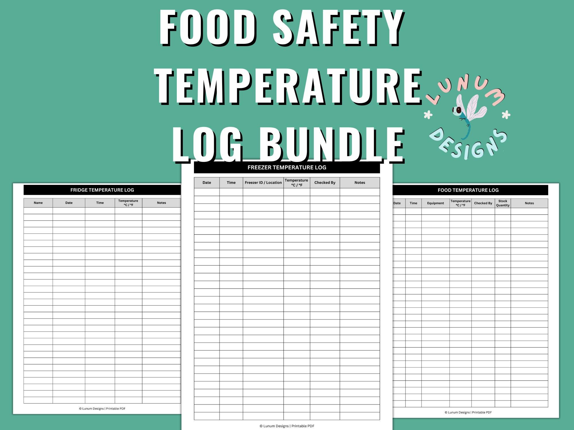 Food Safety Temperature Log Bundle Printable PDF – Food, Fridge ...
