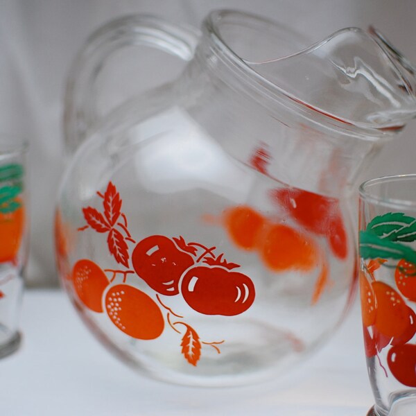 Retro Apple and Orange Pitcher with 2 Matching Glasses