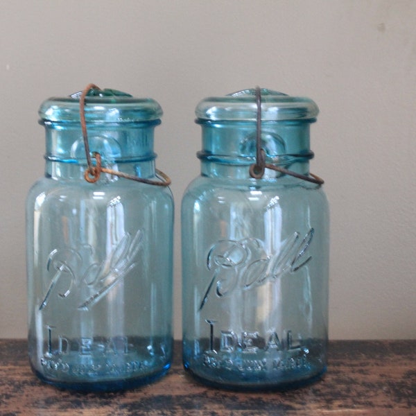 Set of Two Antique Blue Mason Ball Jars