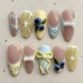 3D Lemon Blueberry Press On Nails: Cottagecore Bow Fruit Nail Art