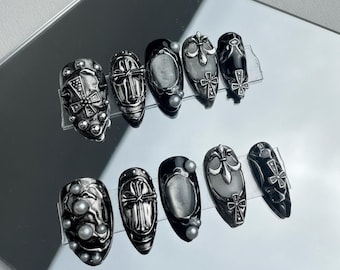 Gothic Cross Press On Nails, Black and Silver Luxury Nail Art, 3D Chrome Grunge Y2K Goth
