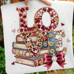 Walentynki z miłością PNG, kryształowy patchwork z motywem panterki i miłości, błyszczące serduszka z kokardką, romantyczna sztuka układania książek, Walentynki