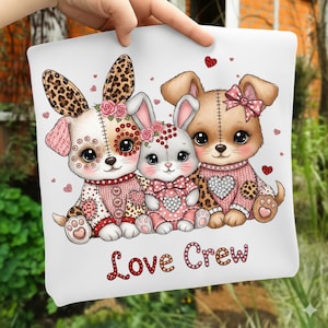 Love Crew Rhinestone Valentine T-Shirt – Sparkly Patchwork Animals, Leopard Print, Glitter Bling Valentine Outfit