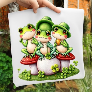 Embroidered Frog St. Patrick’s Day PNG, Lucky Frogs Embroidery Style Design, Cute Irish Frog Digital Download