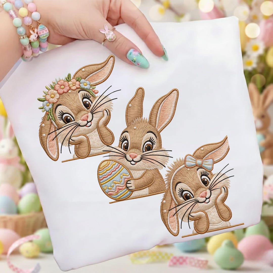 Retro Easter Bunny Pearls Bow PNG - Faux Embroidery Bunny - Happy ...