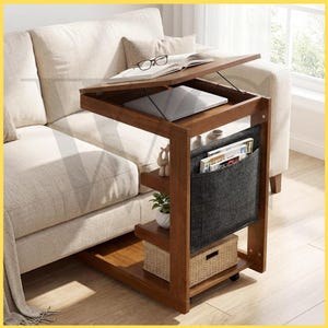 C Shaped Rolling End Table with Adjustable Desktop, Wooden Sofa Side Table with Wheels, Couch TV Tray Table with Storage Shelves