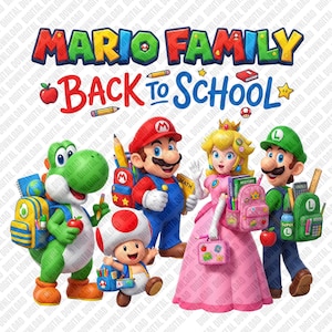 Könnte beinhalten: Eine digitale Grafik mit Mario, Luigi, Prinzessin Peach, Yoshi und Toad mit Schulsachen. Der Text lautet MARIO FAMILY BACK TO SCHOOL. Die Figuren tragen Rucksäcke und halten Gegenstände wie Bücher, Stifte und Äpfel vor einem weißen Hintergrund.