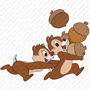May include: A cartoon illustration of Chip and Dale, two brown chipmunks, running and carrying acorns. One chipmunk has a red nose. The image is a digital download.