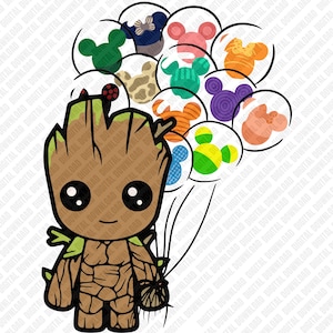 May include: A cartoon illustration of Groot holding balloons shaped like Mickey Mouse heads. The balloons are various colors and patterns. Groot is brown with green accents and large black eyes. The image has a digital download watermark.