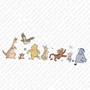 以下が含まれることがあります： 子供向けのお話のキャラクターを描いた水彩イラスト。カンガルー、フクロウ、くまのプーさん、ウサギ、ティガー、ピグレット、イーヨーが含まれています。キャラクターは様々なポーズをしており、トンボと蝶がいくつかいます。