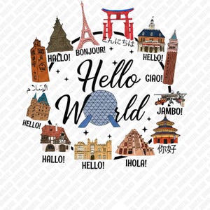 以下が含まれることがあります： 「Hello World」の文字と、エッフェル塔やピサの斜塔などの有名なランドマークのイラスト、そして「こんにちは」や「Ciao!」、「你好」などの様々な言語での挨拶が描かれたデジタルグラフィック。