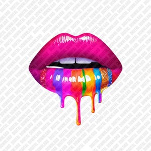 May include: A digital illustration of a pair of glossy, hot pink lips with a rainbow-colored, dripping effect. The dripping paint includes shades of purple, pink, orange, yellow, green, and blue, with glitter accents.