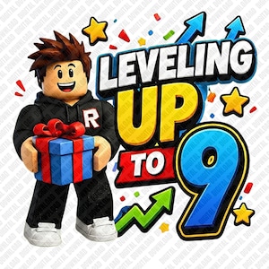 Könnte beinhalten: Digitalgrafik mit einer Comicfigur, die ein Geschenk hält. Der Text lautet "Leveling Up to 9" mit Sternen und Pfeilen. Die Figur trägt einen schwarzen Kapuzenpullover mit einem roten "R" und weißen Turnschuhen. Das Geschenk ist blau und rot.