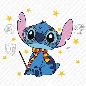 Puede incluir: Un personaje de dibujos animados azul con ojos grandes, que lleva gafas y una bufanda, sosteniendo una varita. El personaje está rodeado de estrellas amarillas y gráficos temáticos de Harry Potter. Un diseño divertido.