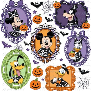 May include: A digital illustration set featuring Disney characters in skeleton costumes within ornate Halloween frames, including pumpkins, bats, and spiderwebs. Characters include Mickey, Minnie, Goofy, Daisy, and Pluto, all wearing bone-patterned outfits.