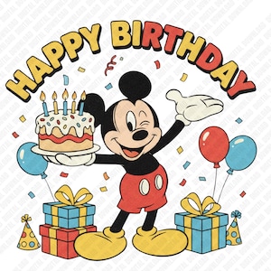 Puede incluir: Ilustración de estilo vintage con Mickey Mouse celebrando un cumpleaños. Mickey sostiene un pastel con velas encendidas, rodeado de globos, confeti y regalos envueltos. Las palabras "HAPPY BIRTHAY" están arqueadas arriba.