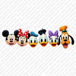 Könnte beinhalten: Eine farbenfrohe digitale Grafik mit den Gesichtern von sechs beliebten Zeichentrickfiguren. Micky Maus, Minnie Maus, Donald Duck, Daisy Duck und Goofy werden mit ihren charakteristischen Merkmalen dargestellt. Der Download ist digital.