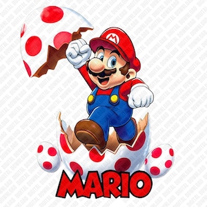May include: A digital graphic of Mario, the video game character, emerging from a cracked egg. Mario is wearing his signature red hat, blue overalls, and brown shoes. The egg is white with red polka dots, and the word "MARIO" is in red block letters below.