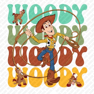 K&ouml;nnte beinhalten: Digitales Grafikdesign mit der Figur Woody aus Toy Story, der ein Seil h&auml;lt, mit dem Wort "WOODY" in einer Retro-Schriftart. Zwei Zeichentrickpferde sind ebenfalls im Design enthalten. Der Hintergrund hat ein digitales Download-Wasserzeichen.