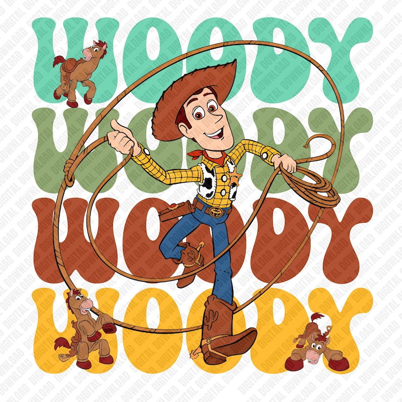 K&ouml;nnte beinhalten: Digitales Grafikdesign mit der Figur Woody aus Toy Story, der ein Seil h&auml;lt, mit dem Wort "WOODY" in einer Retro-Schriftart. Zwei Zeichentrickpferde sind ebenfalls im Design enthalten. Der Hintergrund hat ein digitales Download-Wasserzeichen.