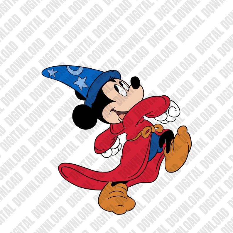 May include: A cartoon illustration of Mickey Mouse dressed as a wizard. He wears a blue wizard hat with stars, a red robe, and brown shoes. The image is a digital download.