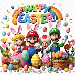 Könnte beinhalten: Buntes digitales Bild mit Super Mario-Charakteren in Osterhasen-Kostümen. Die Szene zeigt den Text "HAPPY EASTER!" über einem Regenbogen, sowie Ostereier, Blumen und Körbe, was ein festliches Thema ergibt.